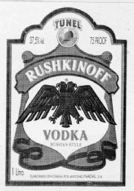 TUNEL RUSHKINOFF WODKA RUSSIAN STYLE ELABORADO EN ESPAÑA POR ANTONIO NADAL, S.A
