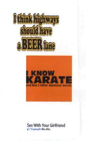 I THINK HIGHWAYS SHOULD HAVE A BEER LANE I KNOW KARATE AND LIKE 2 OTHER JAPANESE WORDS. SEX WITH YOUR GIRLFRIEND 75 PEOPLE LIKE THIS