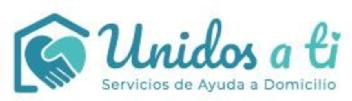 Las manos unidas en forma de corazón dentro de una casa, el nombre comercial: Unidos a Ti, y el servicio que ofrecemos: Servicio de ayuda adomicilio