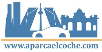Servicio de parking, aparcar tu coche. Vehículo entre edificios icónicos de la ciudad de Madrid