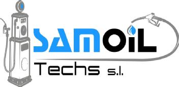 Texto: Samoil Techs S.l. Imagen: Surtidor de gasolina retro vinculando manguera con el texto mediante una gota de gasóleo en la letra
