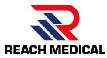 Incorpora la letra R con unas lineas en azul y las palabras REACH MEDICAL