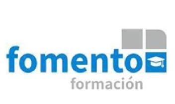 La palabra fomento en rojo, y formación en gris. Cuadrados rodeando la O de fomento con cuadrado en rojo y logotipo de gorro de estudiante