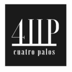 El logo incluye en su parte inferior el nombre de la editorial 4 Palos, En la parte superior se representan los 4 palos de un barco con el numero 4 en el primer palo, y la letra P en el último, como si fuesen dos velas