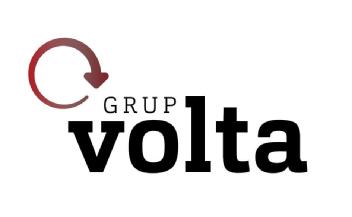 Grup VOLTA, con una circunferencia casi cerrada que vade menos a más en grosor en el sentido de las agujas delreloj y acabando en forma de flecha