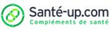 Hay un logotipo a la izquierda, el acrónimo Santé-UP.com en negro y el texto Health Supplements debajo en verde