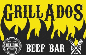 Logo de hot dog izquierda, fuego en negro y nombre comercial GRILLADOS con la letra A mas grande