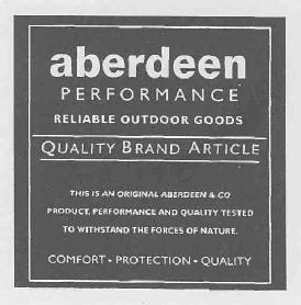 Imagen de ABERDEEN PERFOMANCE RELIABLE OUTDOOR GOODS QUALITY BRAND ARTICLE THIS AN ORIGINAL ABERDEEN & CO PRODUCT, PERFOMANCE AND QUALITY TESTED TO WITSHTAND THE FORCES OF NATURE TO WITHSTAND THE FORCES OF NATURE. COMFORT.PROTECTION.QUALITY