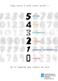 Imagen de CADA NOITE E UNHA CONTA ATRAS 5 AMIGOS 4 COPAS 3 KILOMETROS 2 CURVAS 1 CONDUCTOR ALTERNATIVO O RISCOS DE TI DEPENDE QUE COMECE DE NOVO XUNTA DE GALICIA CONSELLERIA DE TRABALLO E BENESTAR DIRECCION XERAL DE XUVENTUDE E VOLUNTARIADO