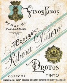 Imagen de VINOS FINOS PEÑAFIEL VALLADOLID BODEGA RIBERA DUERO PRIMER PREMIO PROTOS TINTO COSECHA INSCRITO CON EL N 42 EN EL REGISTRO OFICIAL DE EMBOTELLADORES