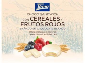 Imagen de Tirma CHOCO SANDWICH CON CEREALES Y FRUTOS ROJOS BAÑADO EN CHOCOLATE BLANCO White chocolate covered cereal biscuit with berries