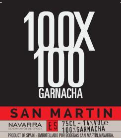 Imagen de 100X100 SAN MARTÍN, GARNACHA - NAVARRA DENOMINACIÓN DE ORIGEN, ES, 75CL 14% VOL. 100% GARNACHA, PRODUCT OF SPAIN - EMBOTELLADO POR BODEGASSAN MARTÍN. NAVARRA