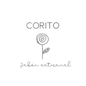 Imagen de marca comercial CORITO sobre diseño del logo, identificado por una flor con forma de espiral y una hoja en el tallo