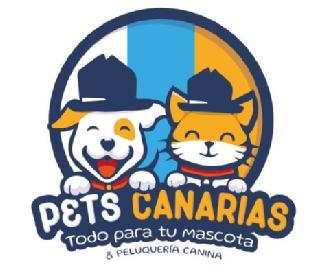 Imagen de Logotipo con animales y bandera de canarias y sombrero canario.peluqueria canina.Nombre de la empresa: Pet's canarias,todo para tu mascota y peluqueria canina
