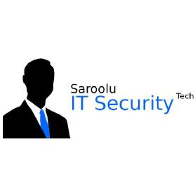 Imagen de Figura de busto de hombre en negro, corbata azul, seguido por el nombre de la marca, Saroolu y Tech en negro, IT Security en azul oscuro