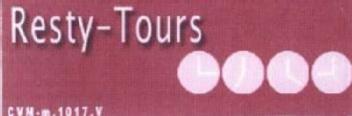 Imagen de Nombre de la empresa (Resty-Tours) sobre color, con cuatro relojes deagujas