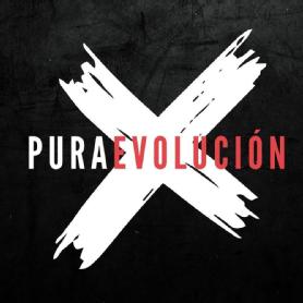 Imagen de X PURA EVOLUCION contiene una x de color blanca con las letras en horizontal pura en blanco y evolución en rojo siendo el color de fondo negro.Fuente utilizada para el diseño League Ghotic