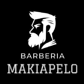 Imagen de FIGURA DE CABEZA DE HOMBRE EN BLANCO SOBRE FONDO NEGRO,DEBAJO EL NOMBRE DEL COMERCIO,BARBERIA Y MAS A BAJO, EL NOMBRE DE LA BARBERIA,MAKIAPELO