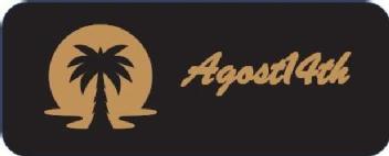 Imagen de Nombre Agost14th en marrón sobre fondo negro al lado de una palmera negra encima de un sol naciente en marrón