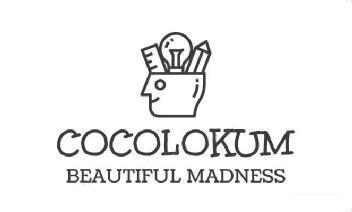 Imagen de Logotipo de taza en forma de cabeza contenedora de ideas sobre texto COCOLOKUM como nombre de la marca y subtitulo BEATIFUL MADNESS