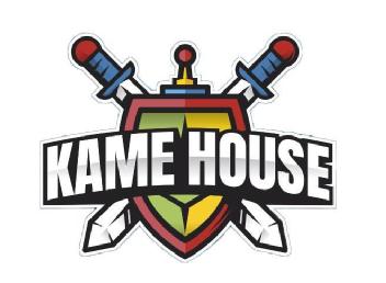 Imagen de Escudo en forma de caparazón, las palabras Kame House recorriendo el frontal del logo de manera horizontal, jostick apoyado en la parte superior del logo y espadas cruzadas por el respaldo