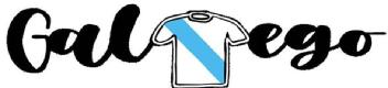 Imagen de La palabra Galego con el dibujo de una camiseta intercalada entre la L y la E con fondo blanco y franja azul ( bandera Galega)