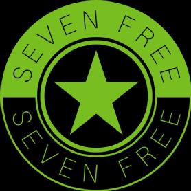 Imagen de Logotipo circula con estrella verde de 5 puntas sobre fondo negro.Letras negras sobre fondo verde y letras verdes sobre fondo negro.Se puede ver SEVEN FREE