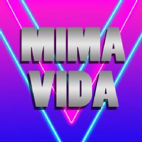 Imagen de triangulos neones , de color rosa , y azul y ambos combinados , fondoazul , rosa y violeta ,letras con el nombre de MIMAVIDA EN COLOR PLATA
