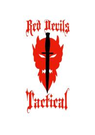 Imagen de Logotipo en rojo y negro,con tipografía de libre uso.silueta frontal de una cara de demonio con daga cruzada en la parte central.Distinciónde cuernos en la zona superior,orejas,barba y 8 dientes