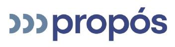 Imagen de Imagotipo de Propós, compuesto por su isotipo (tres cierres de paréntesis de forma redondeada) y su logotipo, que coincide con el signo gráfico-lingüístico