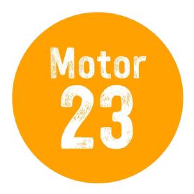 Imagen de circulo de color amarillo dalia con el nombre comercial Motor 23 escrito en su interior con letras y números