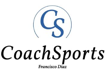 Imagen de Circulo no cerrado color azul, con dos letras C S, y el nombre de lamarca CoachSports y nombre propietario debajo, Francisco Díaz-