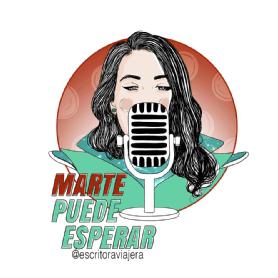 Imagen de Joven locutora de largos cabellos negros, grandes ojos soñadores, pendientes de perla, con la firma @escritoraviajera, que presenta al micrófono el programaque lleva por nombre 'Marte puede esperar', con Marteal fondo