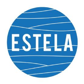 Imagen de CIRCUNFERENCIA AZUL [HEX #1571b8 - rgba(21,113,184,255)] CRUZADO CON LINEAS HORIZONTALES BLANCAS DELIGERA ONDULACION[rgba (255,255,255,255)] Y EN EL CENTRO DE LA CINCURFERENCIA, EL NOMBRE DE ESTELA ENBLANCO [rgba(255,255,255,255)