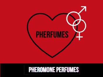 Imagen de Corazón con perfil negro, con la palabra PHERFUMES dentro, y la simbología de ambos sexos en el perfil del corazón. Bajo en una banda en negro pone PHEROME PERFUMES