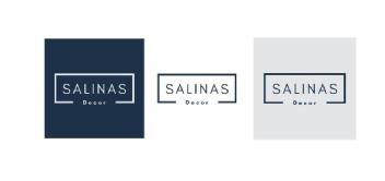 Imagen de El nombre de SALINAS Decor junto con las 3 versiones del logotipo (azul océano con plateado, blanco con azul océano, y plateado con azul océano)