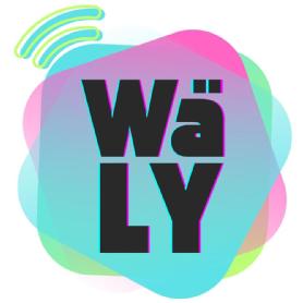 Imagen de Es un logotipo con tres fondos de colores diferentes con el nombre deWäLY y en la parte superior izquierda tiene ondas wifi