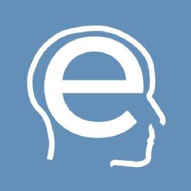 Imagen de ECOTECA: la marca se compone de una e minúscula dentro del perfil de un rostro humano, todo ello grafiado en blanco sobre fondo azul