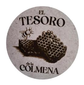 Imagen de Marca de la miel (El tesoro de la colmena) arriba y abajo y en el centro una abeja y dos panales de miel.,