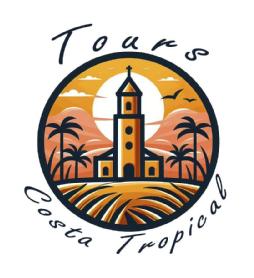 Imagen de Logo con una iglesia, palmeras, gaviotas y cañas de azúcar. Nombre Tours Costa Tropical o variantes