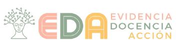 Imagen de 1. El color de las letras.2. La tipografía de las letras: EDA en mayúsculas como acrónimo de los tres conceptos: Evidencia, Docencia y Acción.3. El dibujo del logotipo (cabeza con nodos representativos de la evidencia científica)