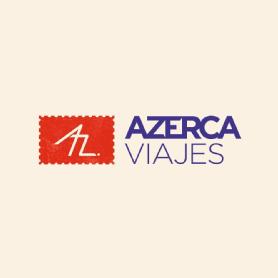 Imagen de AZERCA VIAJES. LOS DISTINTIVOS SON LA A Y LA Z CON UN SELLO Y DIFERENTE TIPOLOGIA DE LETRAS EN COLORES ROJO Y AZUL