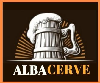 Imagen de Color de las letras en blanco(ALBA) y naranja(CERVE) una jarra de cerveza con espuma en el centro y por detrás unas líneas rectas anaranjadas simulando un sol